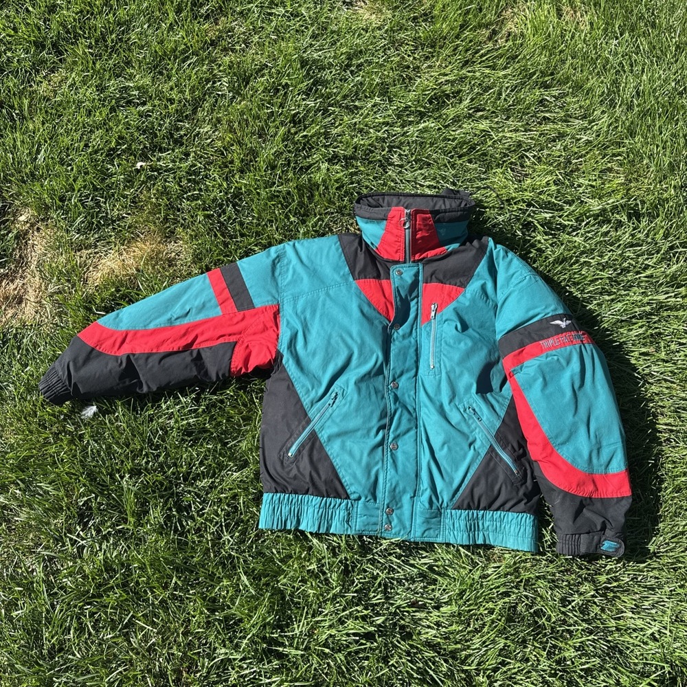 Triple F.A.T. Goose Jacket Mens L Teal Black Red Down Puffer Ski 90s Vtg W/hood